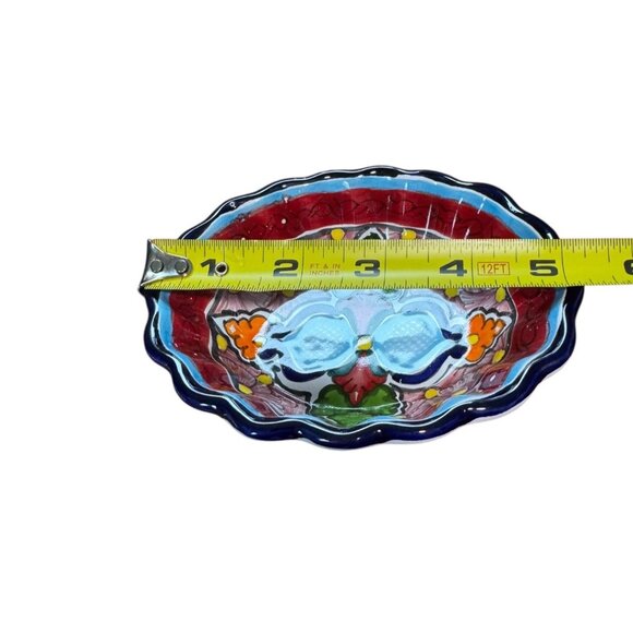 Hand-Painted Mexican Talavera Oval Dish Set Of 2 - Blue & Red Floral Design 5.5" - Picture 5 of 16